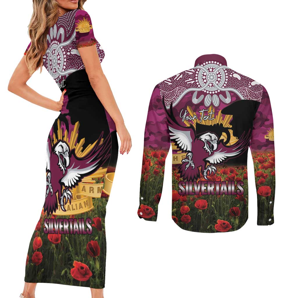 Personalised Sea Eagles Rugby ANZAC Day Couples Matching Short Sleeve Bodycon Dress and Long Sleeve Button Shirt Last Post Poppy We Will Remember Them