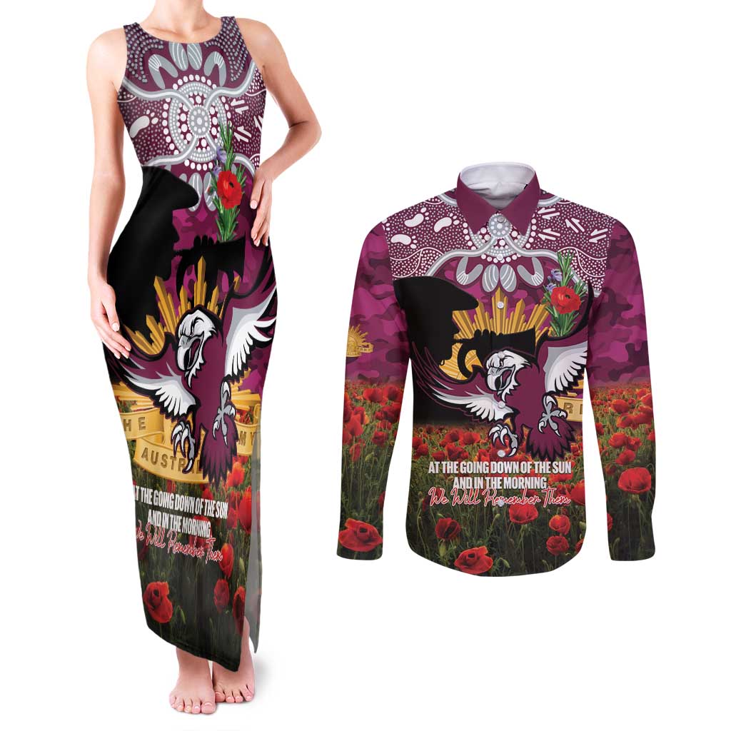 Personalised Sea Eagles Rugby ANZAC Day Couples Matching Tank Maxi Dress and Long Sleeve Button Shirt Last Post Poppy We Will Remember Them