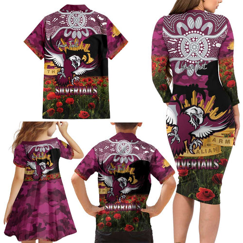 Personalised Sea Eagles Rugby ANZAC Day Family Matching Long Sleeve Bodycon Dress and Hawaiian Shirt Last Post Poppy We Will Remember Them