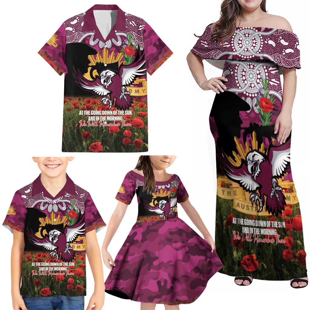 Personalised Sea Eagles Rugby ANZAC Day Family Matching Off Shoulder Maxi Dress and Hawaiian Shirt Last Post Poppy We Will Remember Them