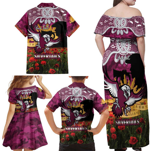 Personalised Sea Eagles Rugby ANZAC Day Family Matching Off Shoulder Maxi Dress and Hawaiian Shirt Last Post Poppy We Will Remember Them