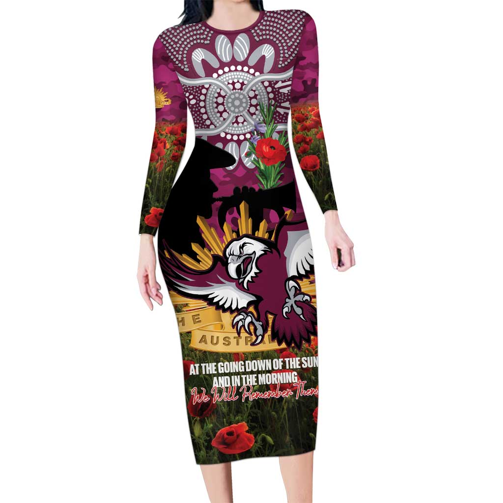 Personalised Sea Eagles Rugby ANZAC Day Long Sleeve Bodycon Dress Last Post Poppy We Will Remember Them
