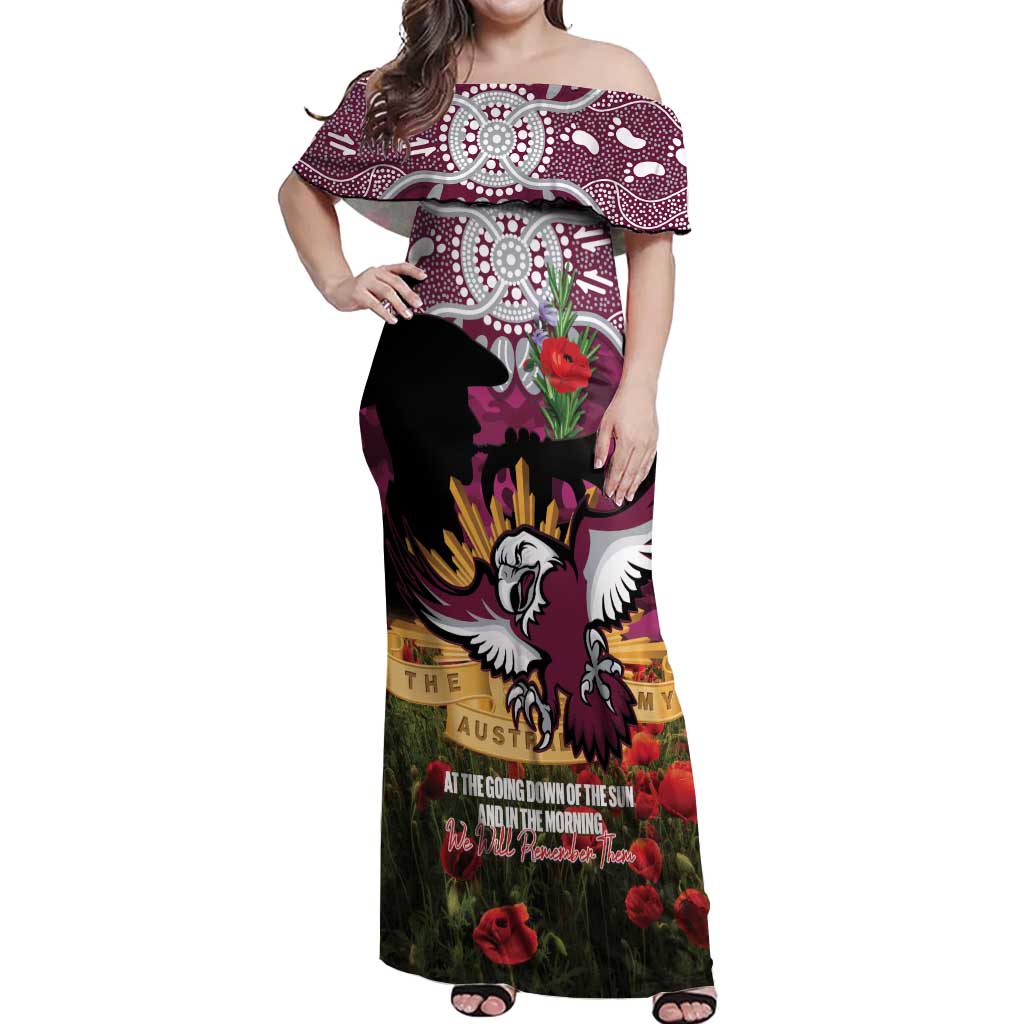 Personalised Sea Eagles Rugby ANZAC Day Off Shoulder Maxi Dress Last Post Poppy We Will Remember Them