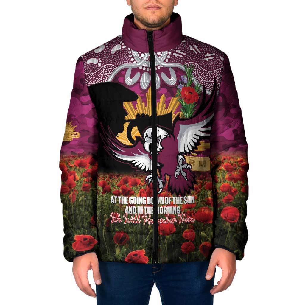 Personalised Sea Eagles Rugby ANZAC Day Padded Jacket Last Post Poppy We Will Remember Them