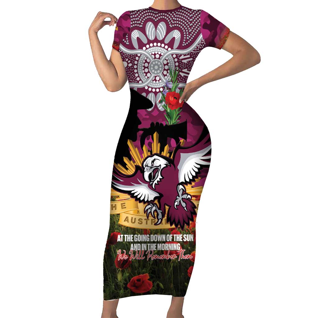 Personalised Sea Eagles Rugby ANZAC Day Short Sleeve Bodycon Dress Last Post Poppy We Will Remember Them