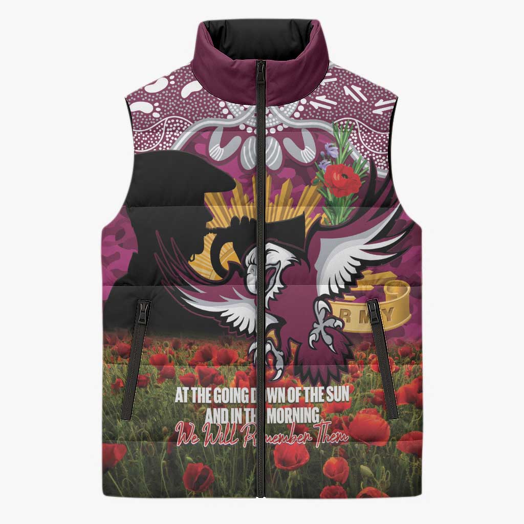 Personalised Sea Eagles Rugby ANZAC Day Sleeveless Puffer Jacket Last Post Poppy We Will Remember Them