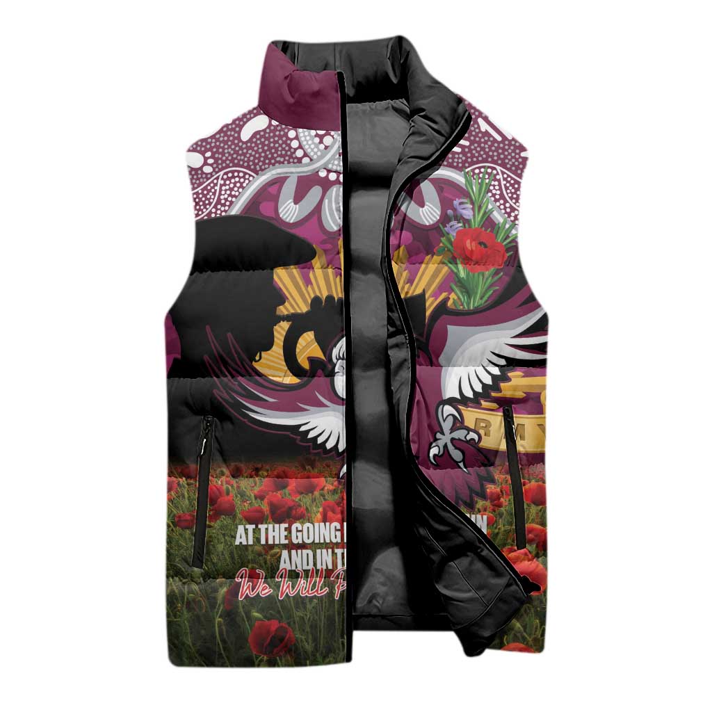 Personalised Sea Eagles Rugby ANZAC Day Sleeveless Puffer Jacket Last Post Poppy We Will Remember Them
