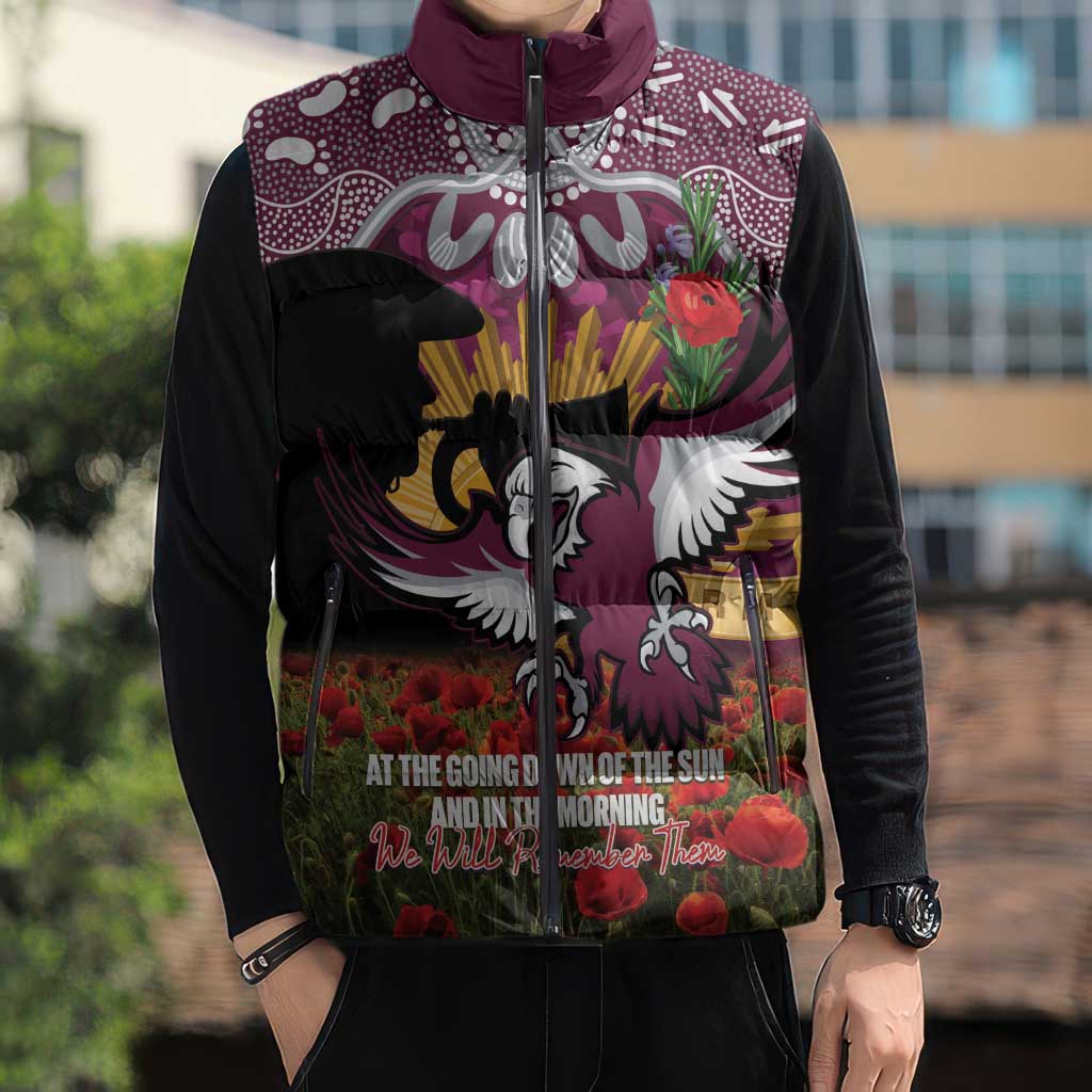 Personalised Sea Eagles Rugby ANZAC Day Sleeveless Puffer Jacket Last Post Poppy We Will Remember Them