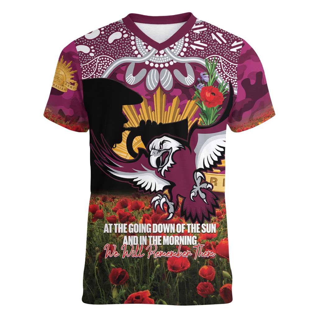 Personalised Sea Eagles Rugby ANZAC Day Women V-Neck T-Shirt Last Post Poppy We Will Remember Them
