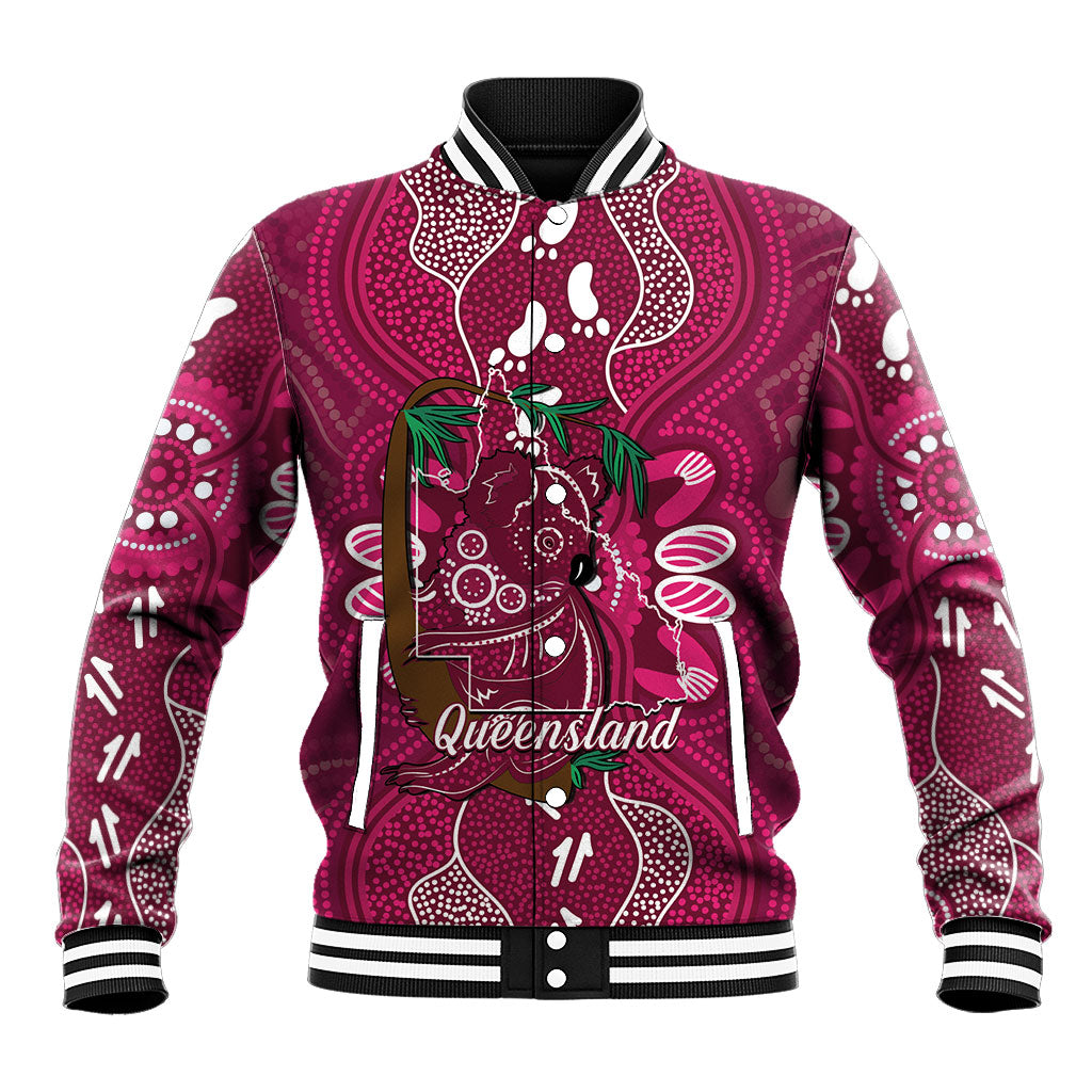 Australia Queensland Day Baseball Jacket Koala With Map Aboriginal Art