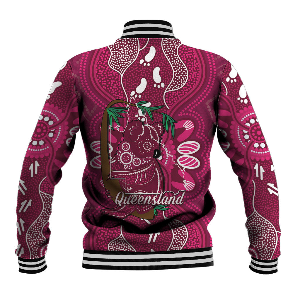 Australia Queensland Day Baseball Jacket Koala With Map Aboriginal Art