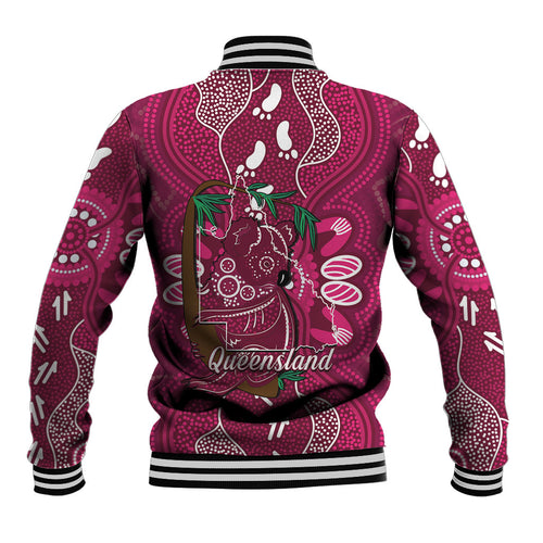 Australia Queensland Day Baseball Jacket Koala With Map Aboriginal Art