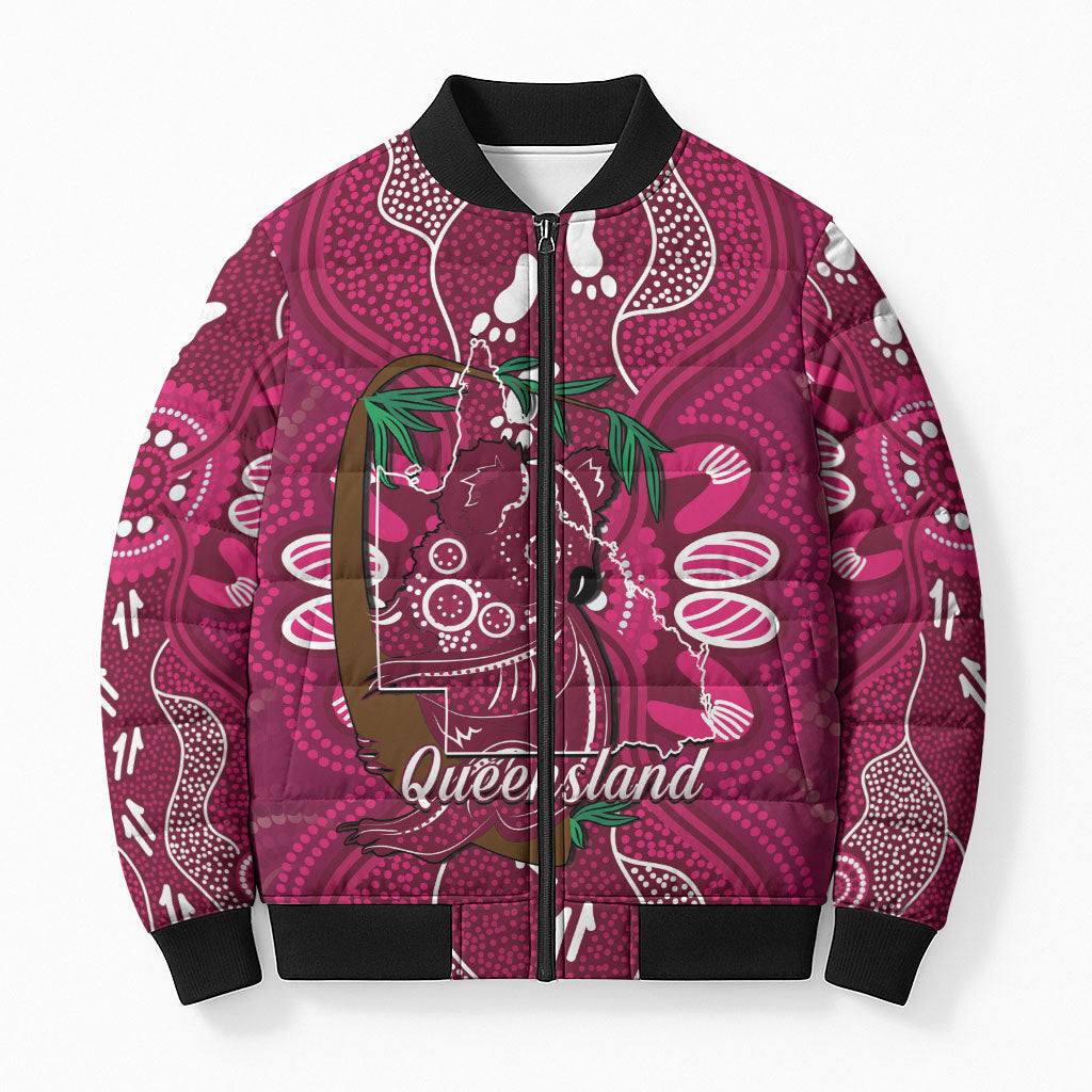 Australia Queensland Day Bomber Puffer Jacket Koala With Map Aboriginal Art