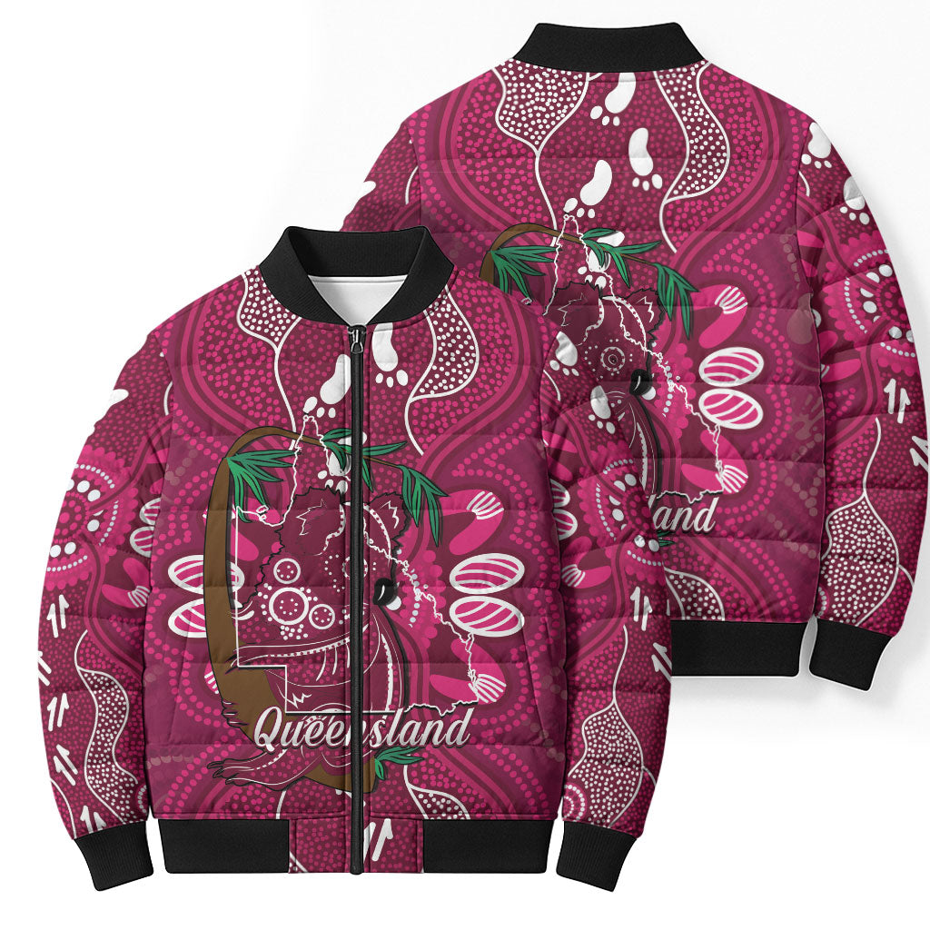 Australia Queensland Day Bomber Puffer Jacket Koala With Map Aboriginal Art