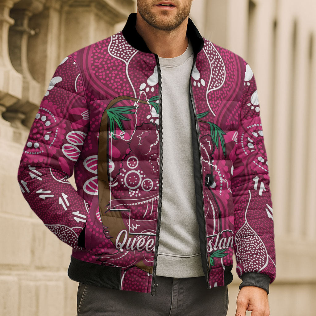 Australia Queensland Day Bomber Puffer Jacket Koala With Map Aboriginal Art