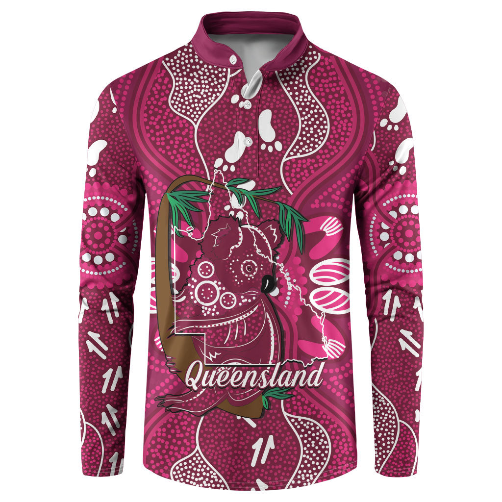 Australia Queensland Day Button Sweatshirt Koala With Map Aboriginal Art