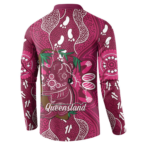 Australia Queensland Day Button Sweatshirt Koala With Map Aboriginal Art