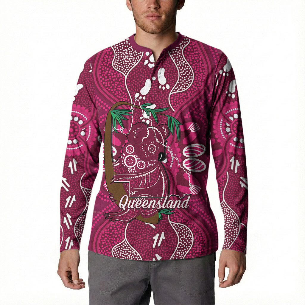 Australia Queensland Day Button Sweatshirt Koala With Map Aboriginal Art