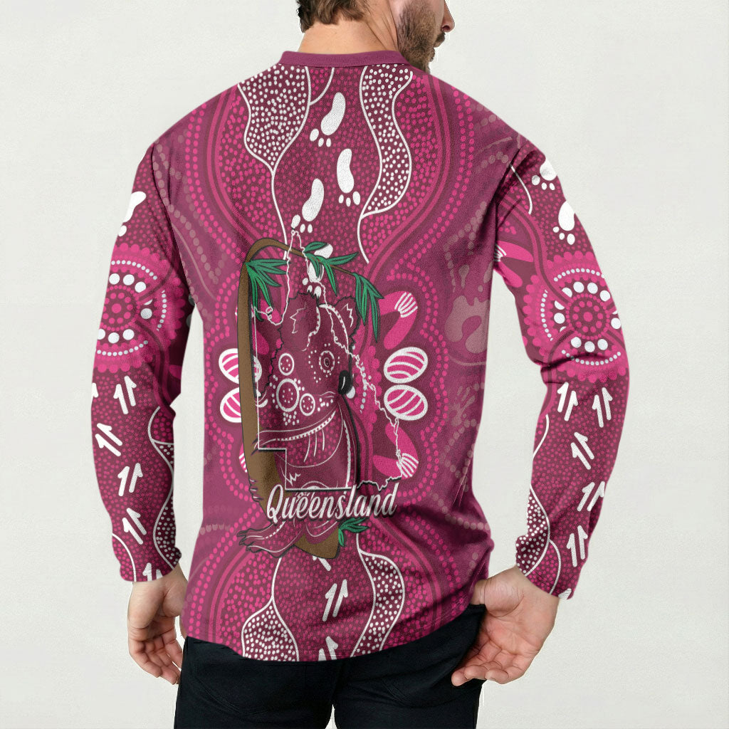 Australia Queensland Day Button Sweatshirt Koala With Map Aboriginal Art