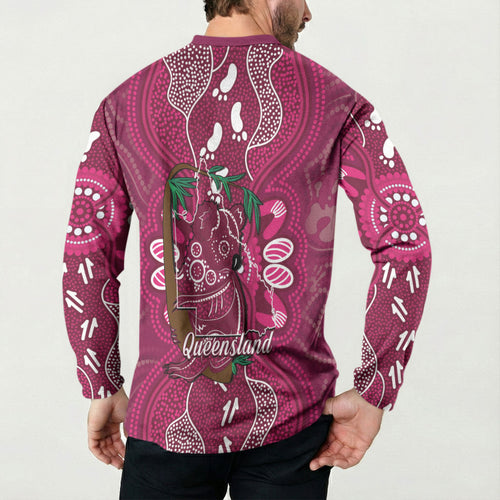 Australia Queensland Day Button Sweatshirt Koala With Map Aboriginal Art