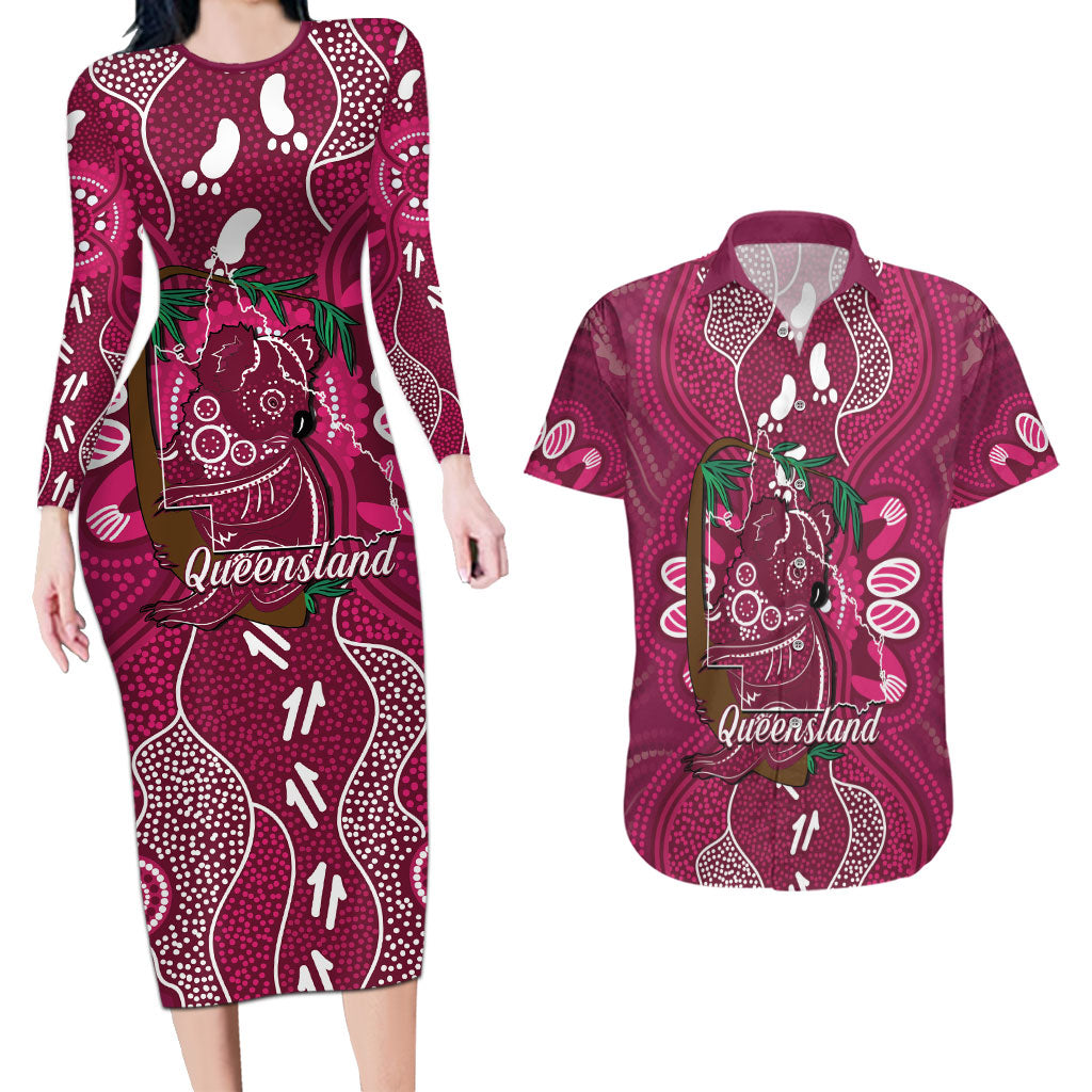 Australia Queensland Day Couples Matching Long Sleeve Bodycon Dress and Hawaiian Shirt Koala With Map Aboriginal Art