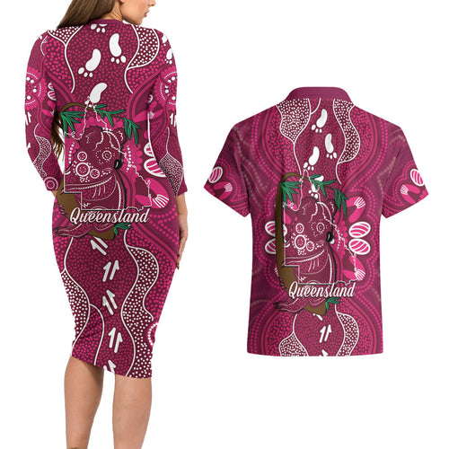 Australia Queensland Day Couples Matching Long Sleeve Bodycon Dress and Hawaiian Shirt Koala With Map Aboriginal Art