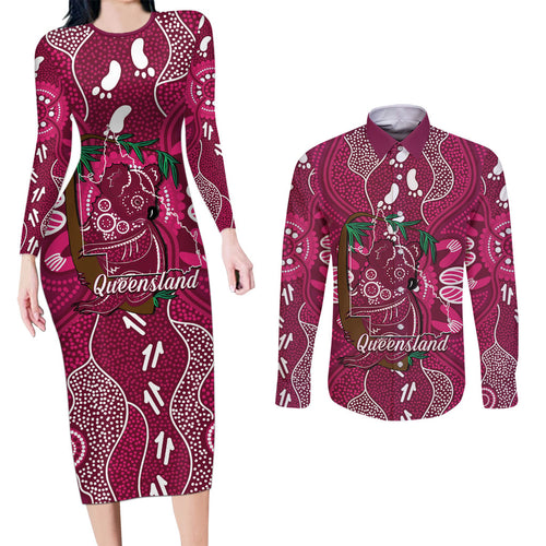 Australia Queensland Day Couples Matching Long Sleeve Bodycon Dress and Long Sleeve Button Shirt Koala With Map Aboriginal Art