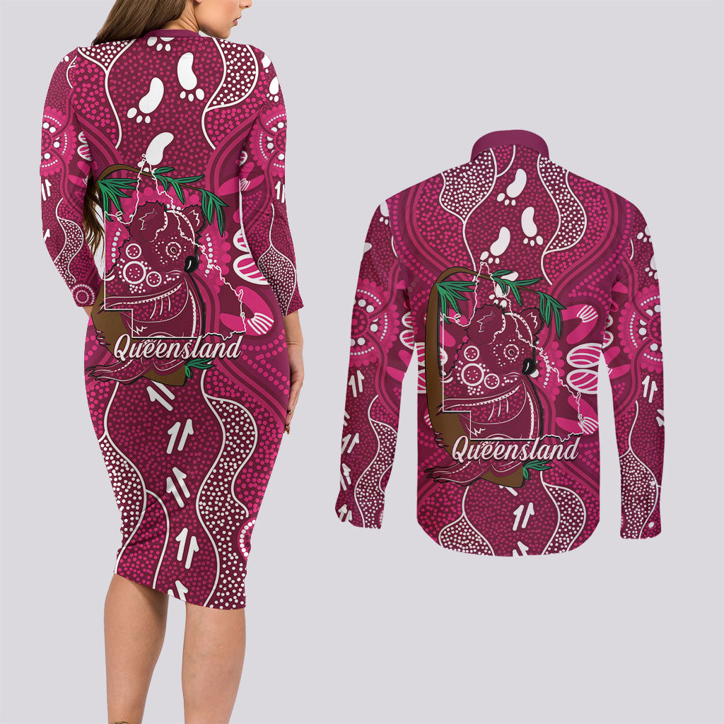 Australia Queensland Day Couples Matching Long Sleeve Bodycon Dress and Long Sleeve Button Shirt Koala With Map Aboriginal Art