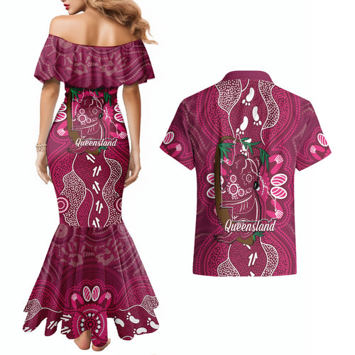 Australia Queensland Day Couples Matching Mermaid Dress and Hawaiian Shirt Koala With Map Aboriginal Art