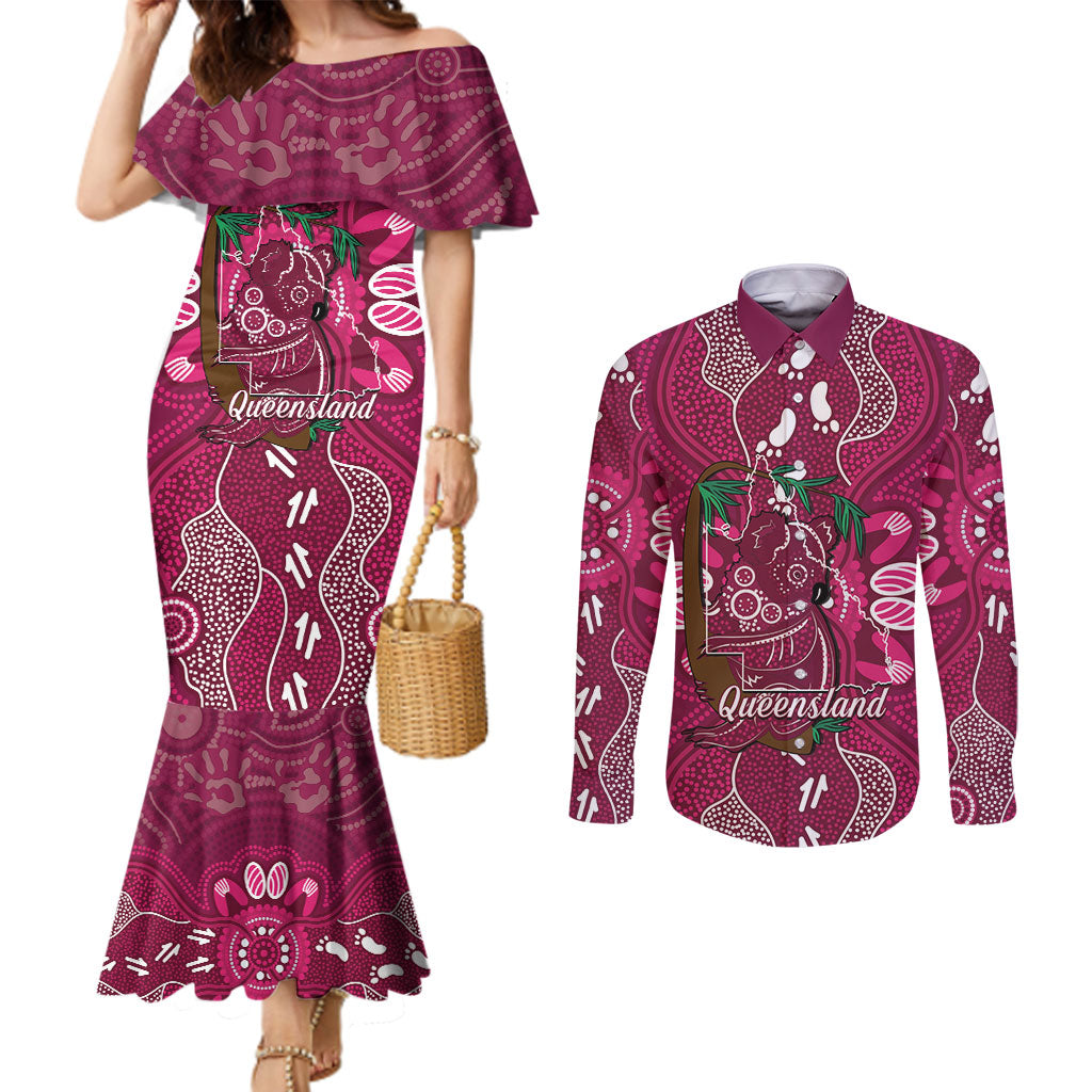 Australia Queensland Day Couples Matching Mermaid Dress and Long Sleeve Button Shirt Koala With Map Aboriginal Art