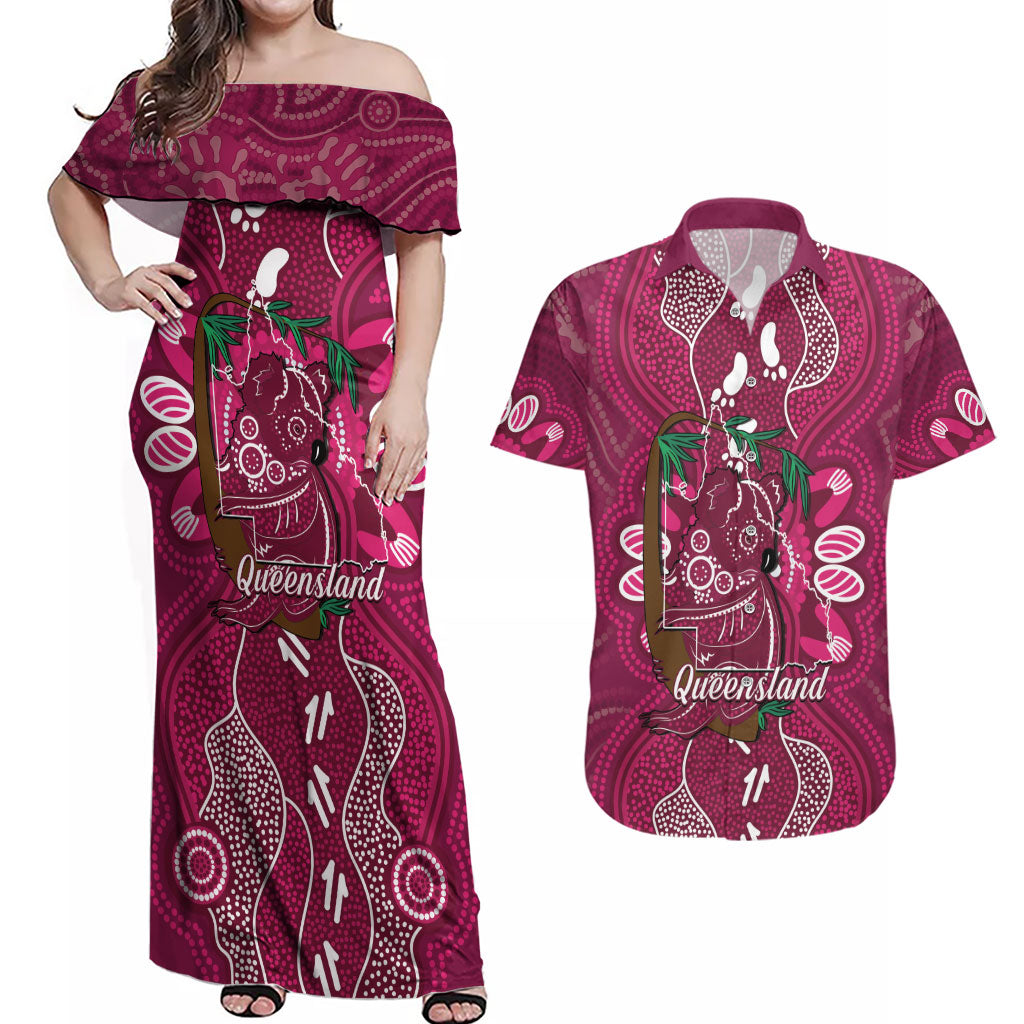 Australia Queensland Day Couples Matching Off Shoulder Maxi Dress and Hawaiian Shirt Koala With Map Aboriginal Art
