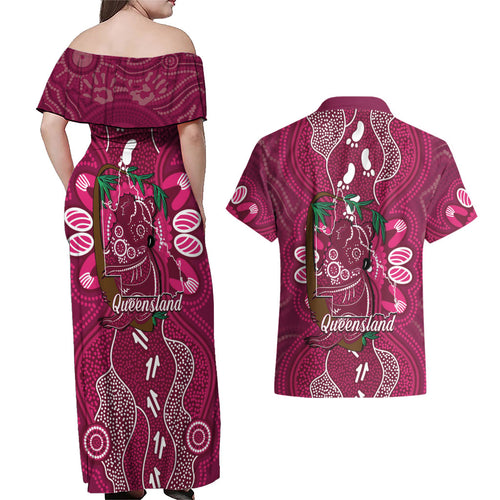 Australia Queensland Day Couples Matching Off Shoulder Maxi Dress and Hawaiian Shirt Koala With Map Aboriginal Art