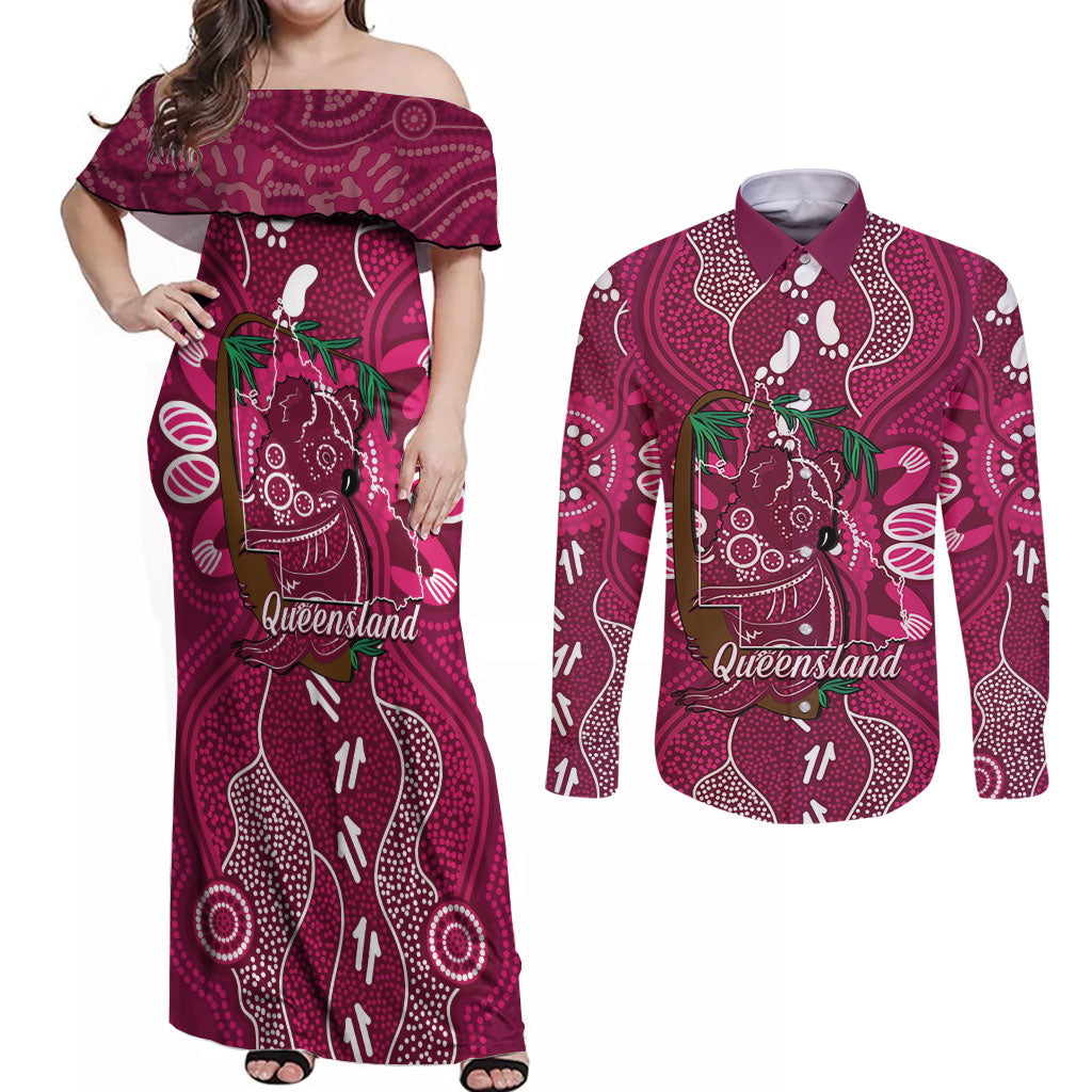 Australia Queensland Day Couples Matching Off Shoulder Maxi Dress and Long Sleeve Button Shirt Koala With Map Aboriginal Art