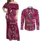 Australia Queensland Day Couples Matching Off Shoulder Maxi Dress and Long Sleeve Button Shirt Koala With Map Aboriginal Art