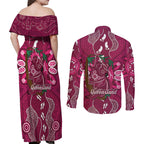 Australia Queensland Day Couples Matching Off Shoulder Maxi Dress and Long Sleeve Button Shirt Koala With Map Aboriginal Art