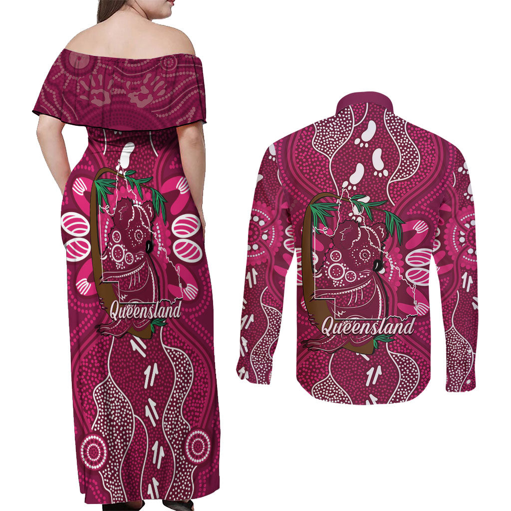 Australia Queensland Day Couples Matching Off Shoulder Maxi Dress and Long Sleeve Button Shirt Koala With Map Aboriginal Art