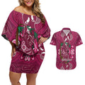 Australia Queensland Day Couples Matching Off Shoulder Short Dress and Hawaiian Shirt Koala With Map Aboriginal Art