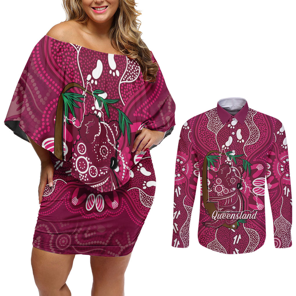 Australia Queensland Day Couples Matching Off Shoulder Short Dress and Long Sleeve Button Shirt Koala With Map Aboriginal Art