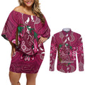 Australia Queensland Day Couples Matching Off Shoulder Short Dress and Long Sleeve Button Shirt Koala With Map Aboriginal Art