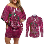 Australia Queensland Day Couples Matching Off Shoulder Short Dress and Long Sleeve Button Shirt Koala With Map Aboriginal Art