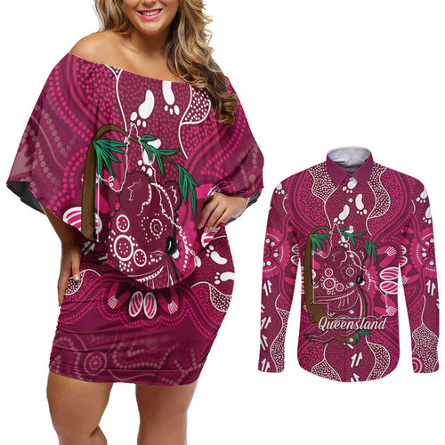 Australia Queensland Day Couples Matching Off Shoulder Short Dress and Long Sleeve Button Shirt Koala With Map Aboriginal Art
