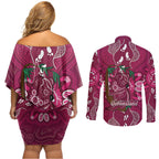 Australia Queensland Day Couples Matching Off Shoulder Short Dress and Long Sleeve Button Shirt Koala With Map Aboriginal Art