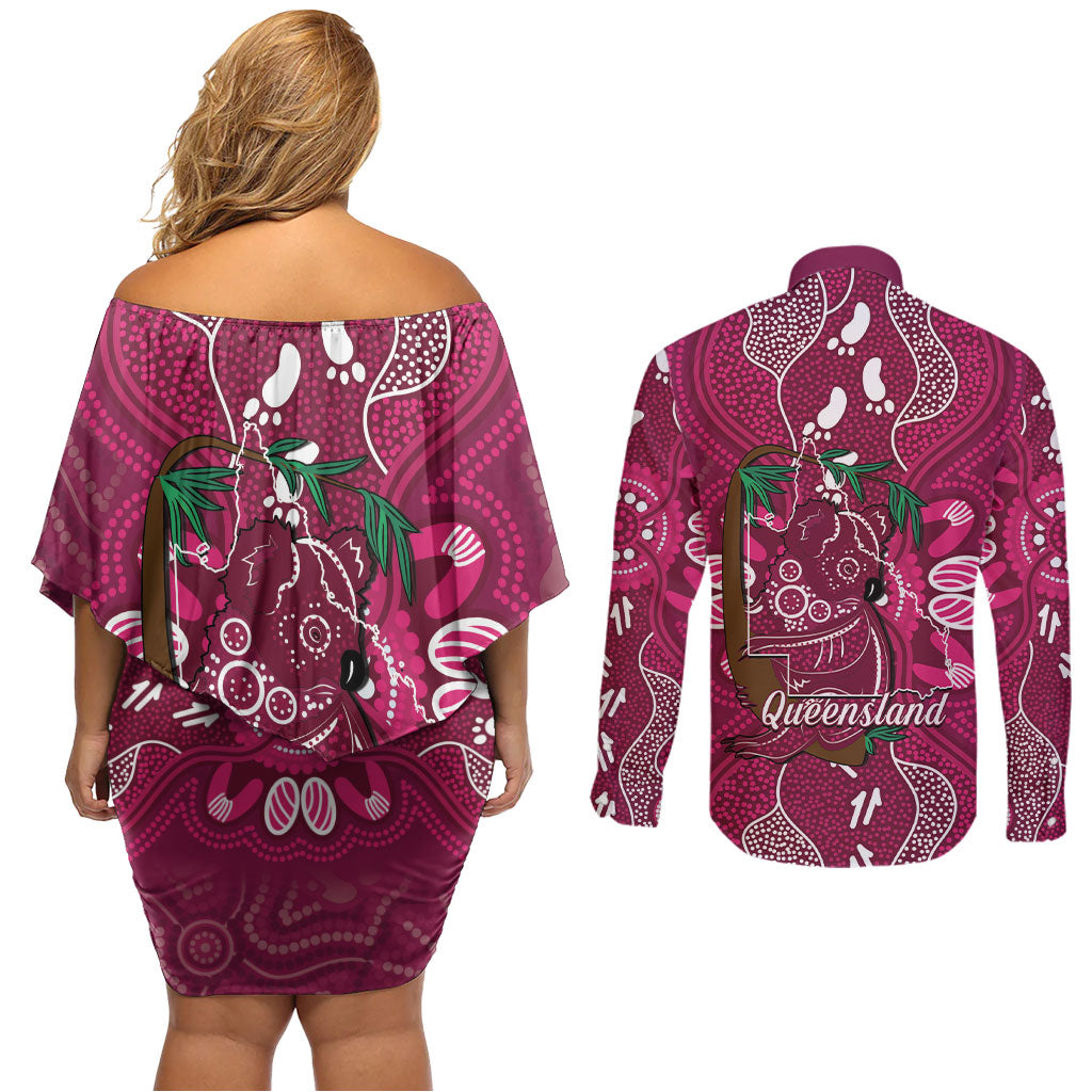 Australia Queensland Day Couples Matching Off Shoulder Short Dress and Long Sleeve Button Shirt Koala With Map Aboriginal Art