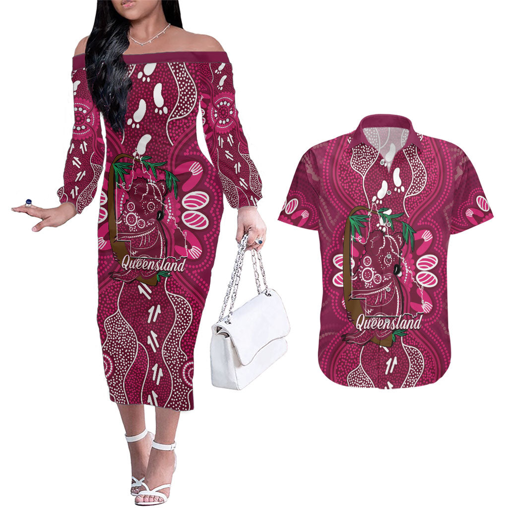 Australia Queensland Day Couples Matching Off The Shoulder Long Sleeve Dress and Hawaiian Shirt Koala With Map Aboriginal Art