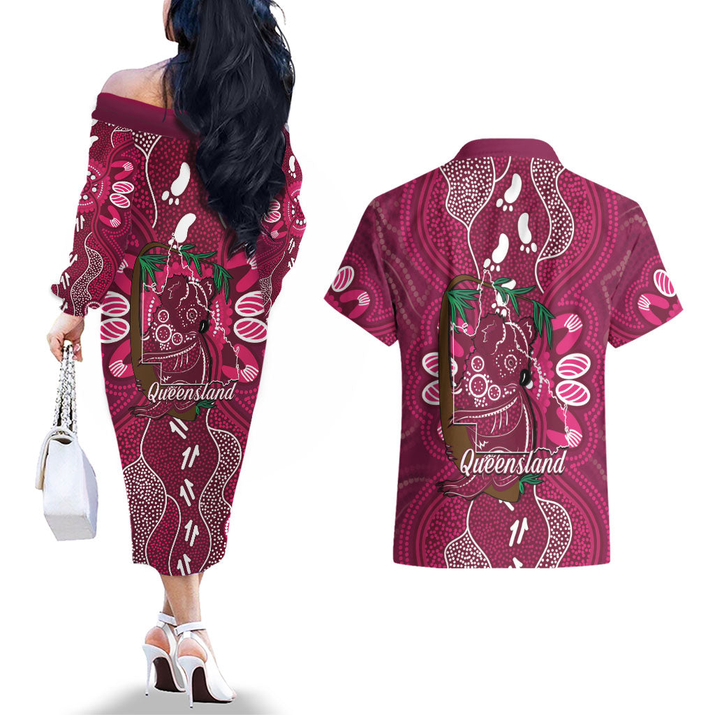 Australia Queensland Day Couples Matching Off The Shoulder Long Sleeve Dress and Hawaiian Shirt Koala With Map Aboriginal Art