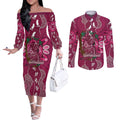 Australia Queensland Day Couples Matching Off The Shoulder Long Sleeve Dress and Long Sleeve Button Shirt Koala With Map Aboriginal Art