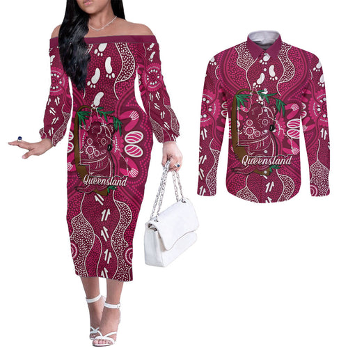 Australia Queensland Day Couples Matching Off The Shoulder Long Sleeve Dress and Long Sleeve Button Shirt Koala With Map Aboriginal Art