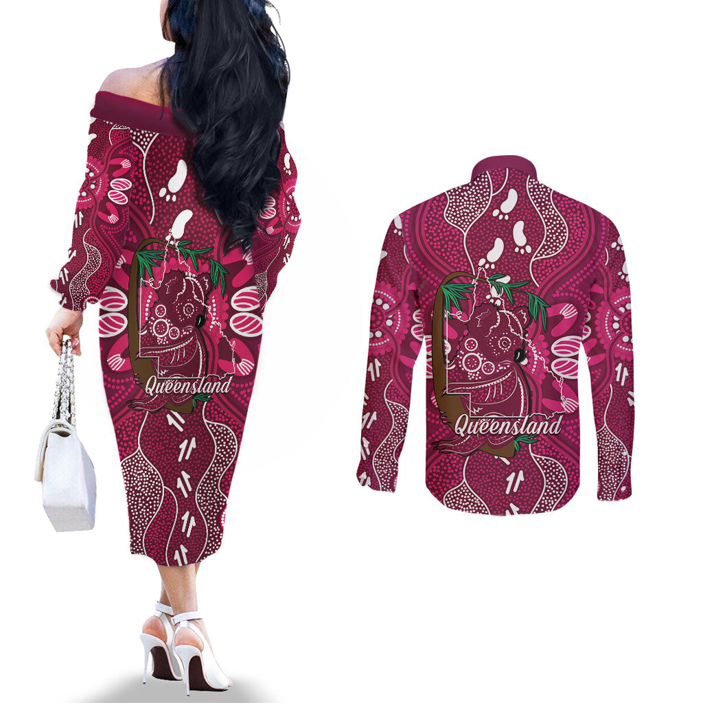 Australia Queensland Day Couples Matching Off The Shoulder Long Sleeve Dress and Long Sleeve Button Shirt Koala With Map Aboriginal Art