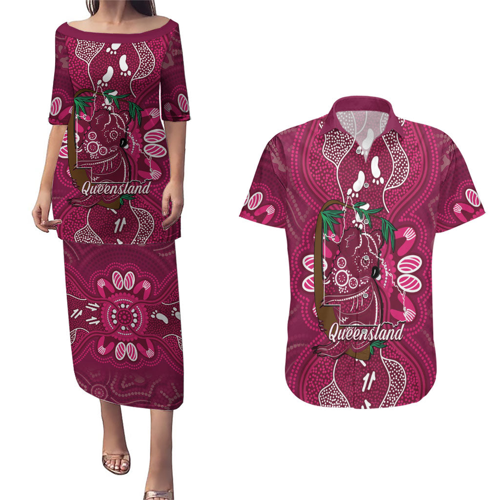 Australia Queensland Day Couples Matching Puletasi and Hawaiian Shirt Koala With Map Aboriginal Art