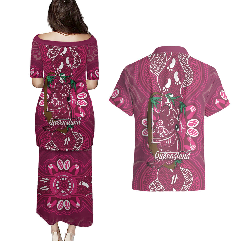Australia Queensland Day Couples Matching Puletasi and Hawaiian Shirt Koala With Map Aboriginal Art